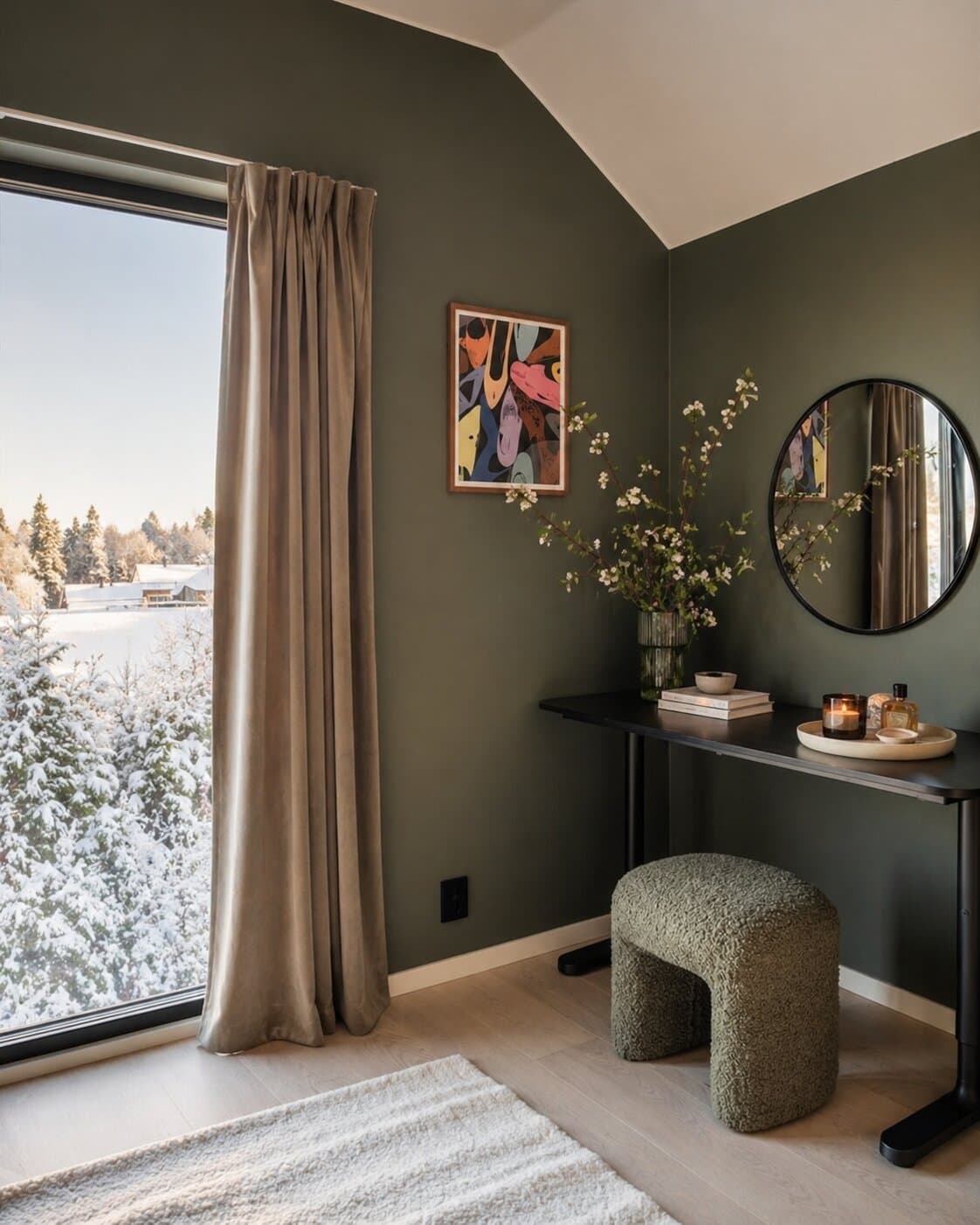 Master bedroom Villa Røykås olive green winter view vanity Oslo