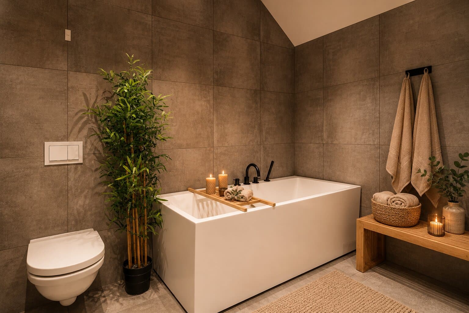 Freestanding bath with bamboo in the spa room