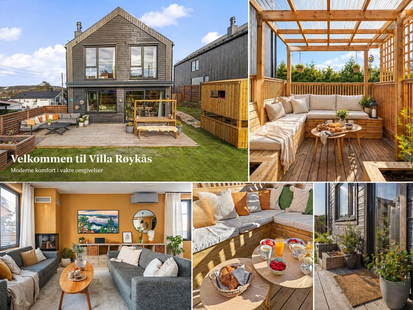 Velkommen til Villa Røykås, kollasje av hovedhus, pergola, stue med peis, frokost og inngangsparti